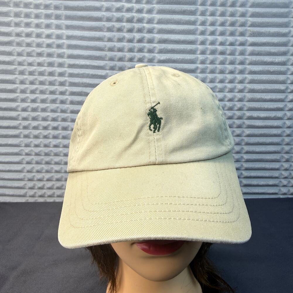 Polo Ralph Lauren Beige Cotton Chino Baseball Cap Hat Green Pony Logo